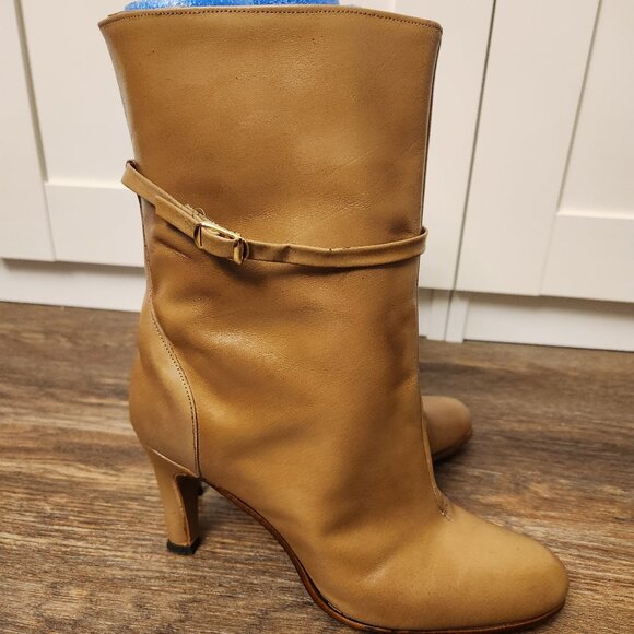 Vintage Tan Leather Mid-Calf Slouchy Heeled Boots 7.5M - Picture 1 of 9